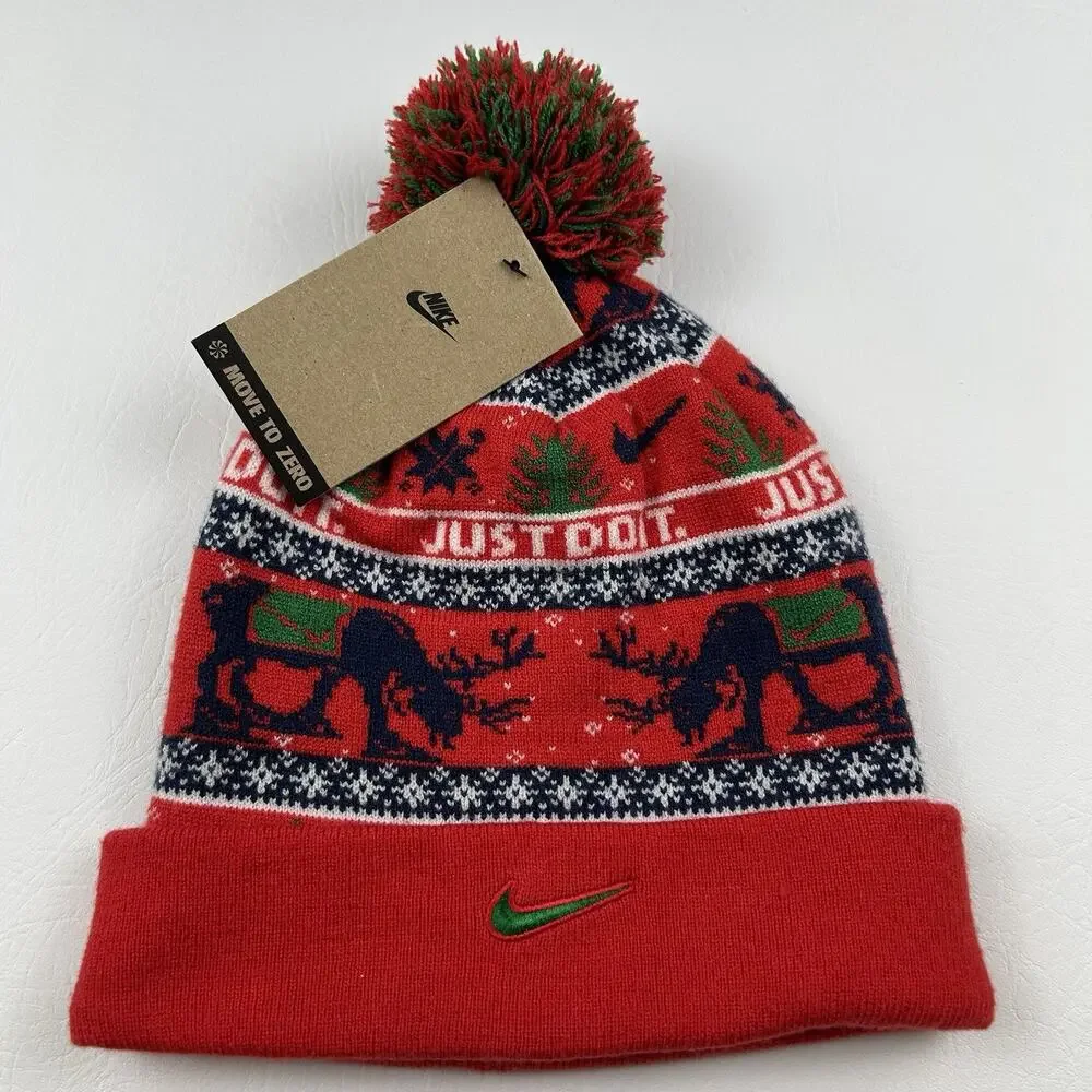 Nike Christmas Pom Beanie Hat Red Reindeer Just Do It Cuffed One Size NWT